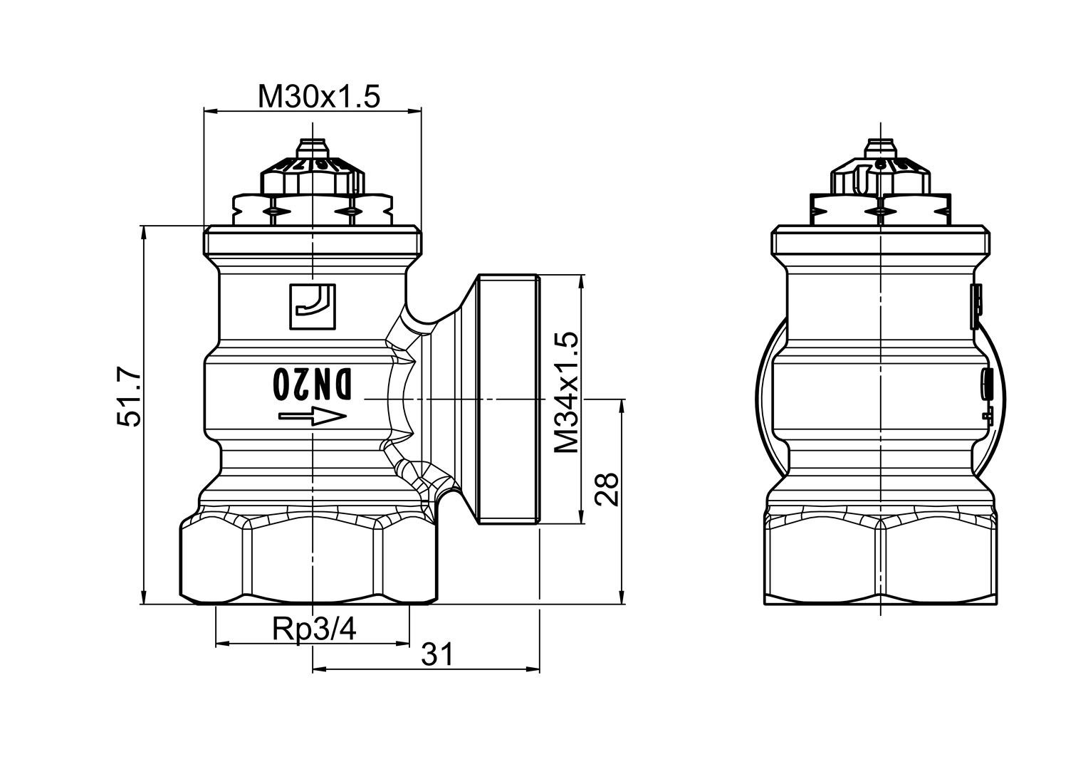 Oras Stabila Pro - Radiator valve body, DN20, L=31, H=28 443120D